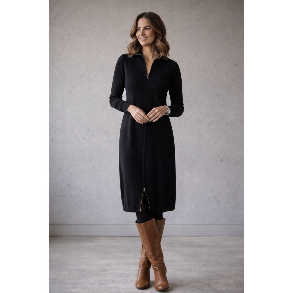 Tommy Bahama Black Rib Knit Zip Sweater Dress Cardigan M Long Sleeve Stretch EUC